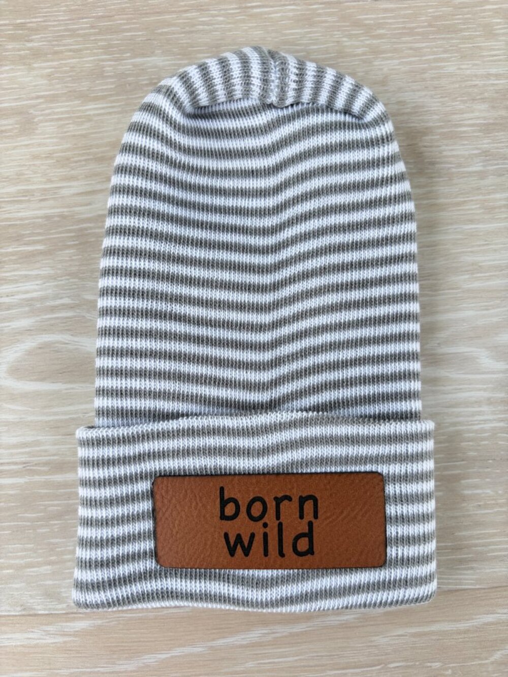 Born Wild Newborn Engraved Beanie 0-3 Months Gray Striped Baby Infant Hat